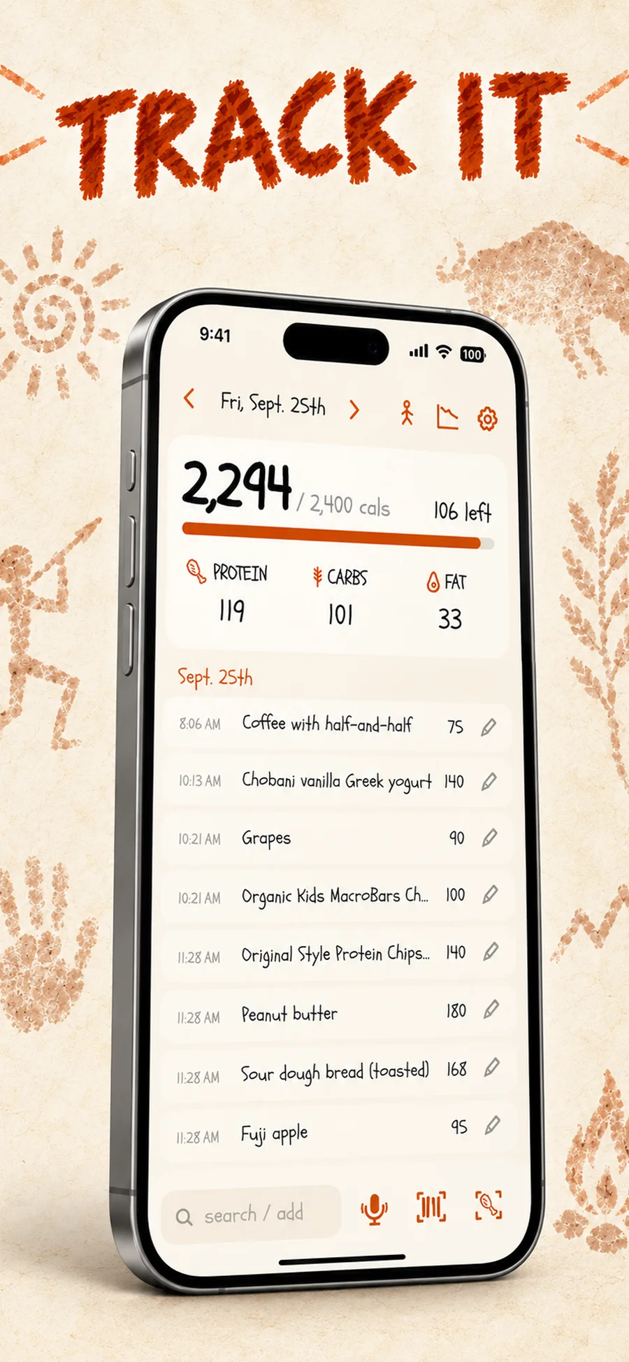 Cave Cals daily diary showing calories, macros, and logged foods